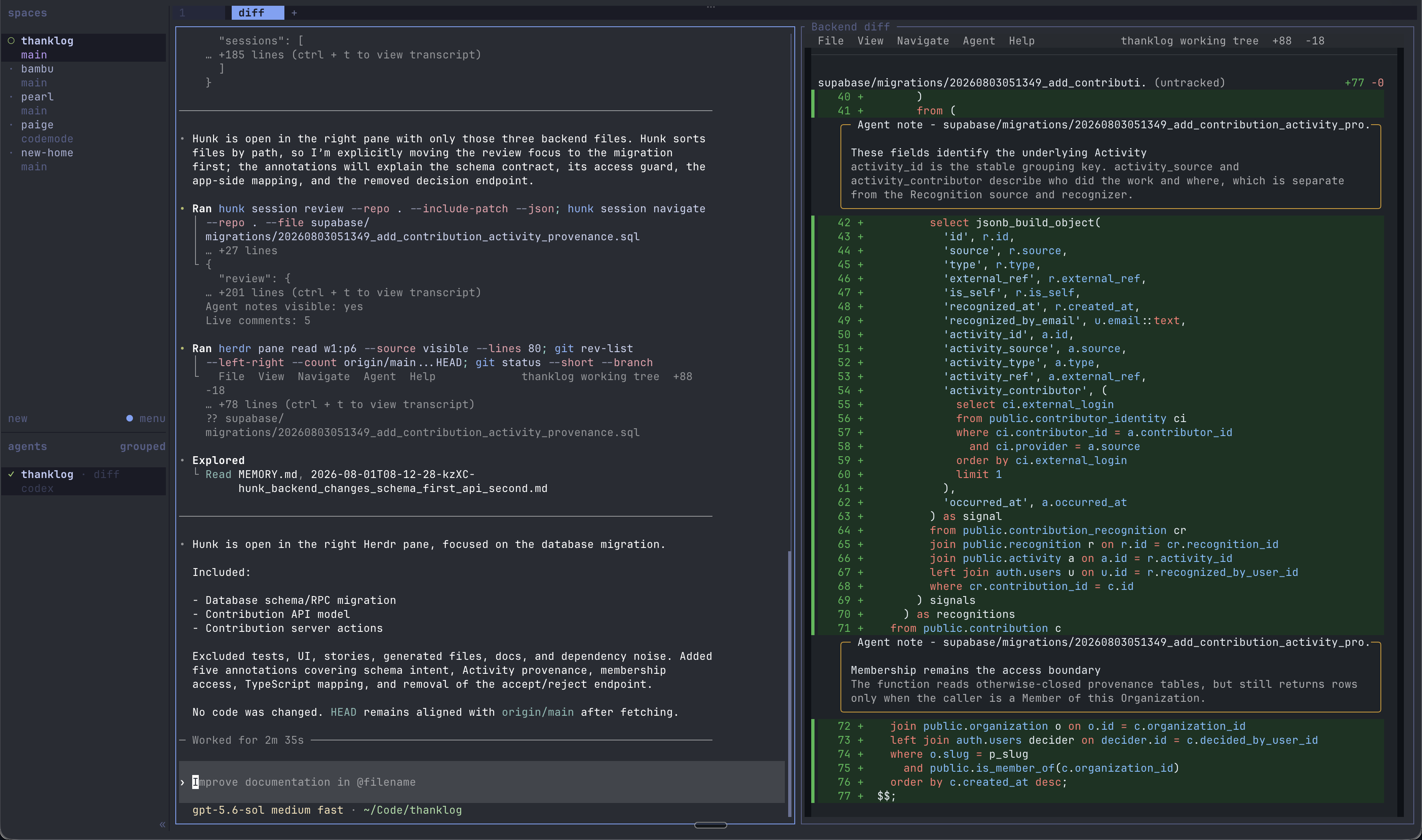 Backend changes selected in Hunk with an agent annotation